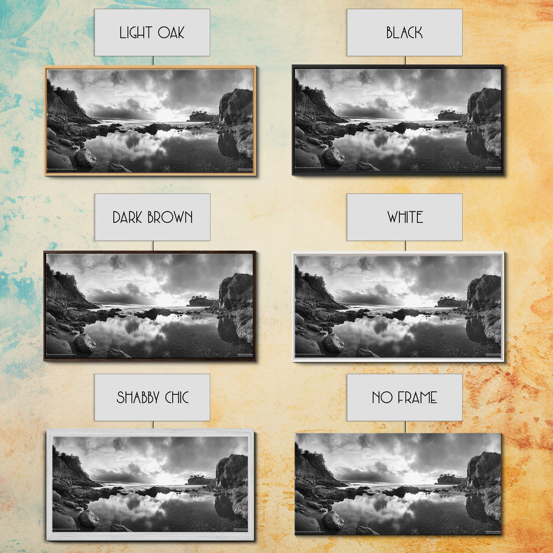 Coastal Reflection, Tide Pools, Dramatic Sky, Ocean Cliff Landscape, Framed Canvas Print, Bedroom Nature Photography Art