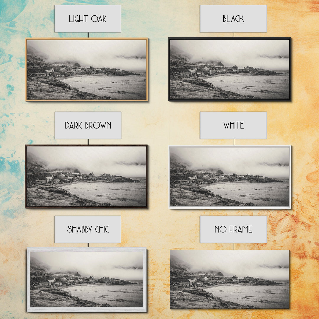 Coastal Fog Village, Misty Ocean Cliff Scene, Black and White Landscape, Canvas Print, Bedroom Wall Art, Rustic Coastal Decor