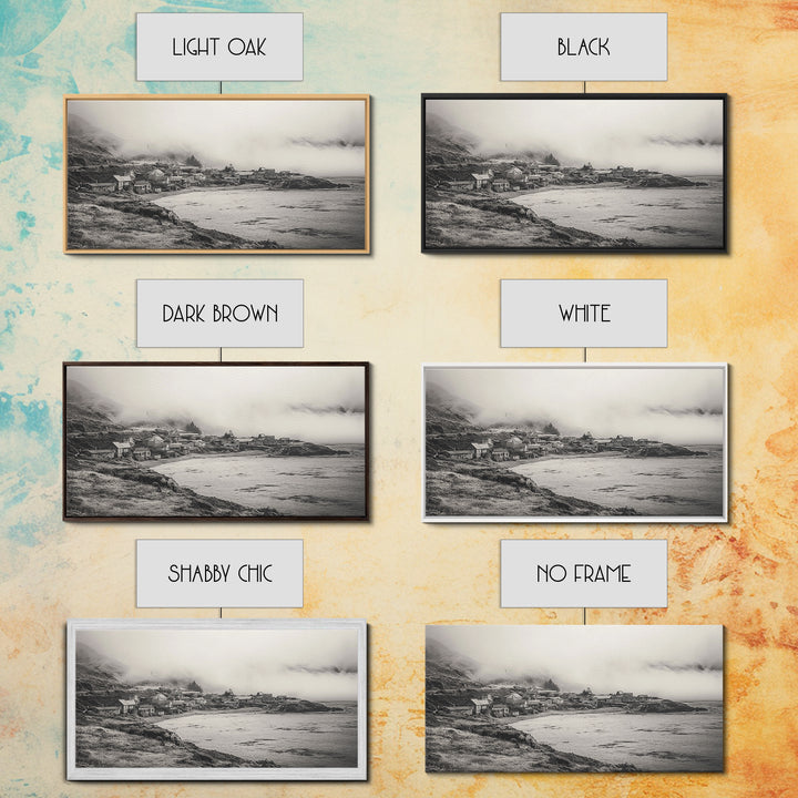 Coastal Fog Village, Misty Ocean Cliff Scene, Black and White Landscape, Canvas Print, Bedroom Wall Art, Rustic Coastal Decor