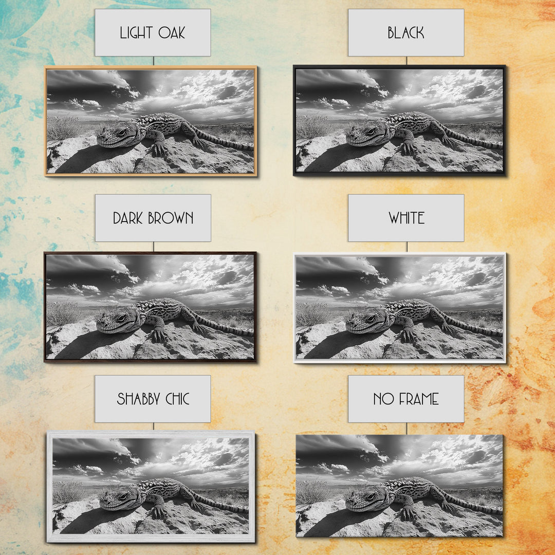 Desert Lizard Close-Up, Reptile Wildlife Photography, Dramatic Sky Scene, Canvas Print, Living Room Wall Art, Nature Decor