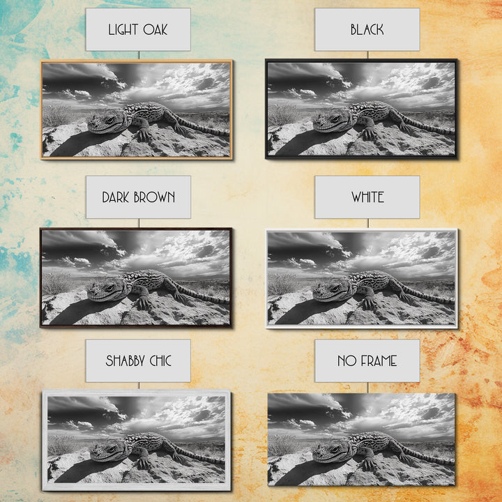 Desert Lizard Close-Up, Reptile Wildlife Photography, Dramatic Sky Scene, Canvas Print, Living Room Wall Art, Nature Decor