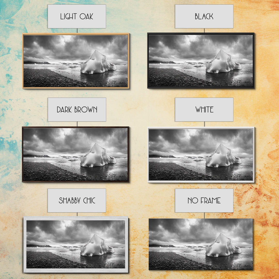 Arctic Iceberg Shore, Moody Cloud Sky, Frozen Water Landscape, Framed Canvas Print, Office Wall Art, Nordic Minimalist Art