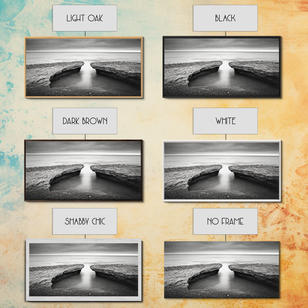 Ocean Rock Split, Calm Seascape Horizon, Monochrome Photography, Canvas Print, Bathroom Wall Art, Zen Coastal Aesthetic, Office Wall Art