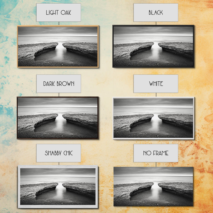 Ocean Rock Split, Calm Seascape Horizon, Monochrome Photography, Canvas Print, Bathroom Wall Art, Zen Coastal Aesthetic, Office Wall Art