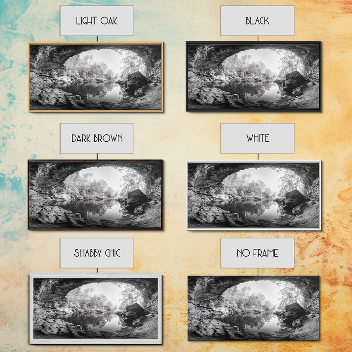 Cave Entrance Lake, Hidden Forest View, Rock Reflection Water, Canvas Print, Hallway Wall Art, Adventure Wilderness Decor, Minimalist Style