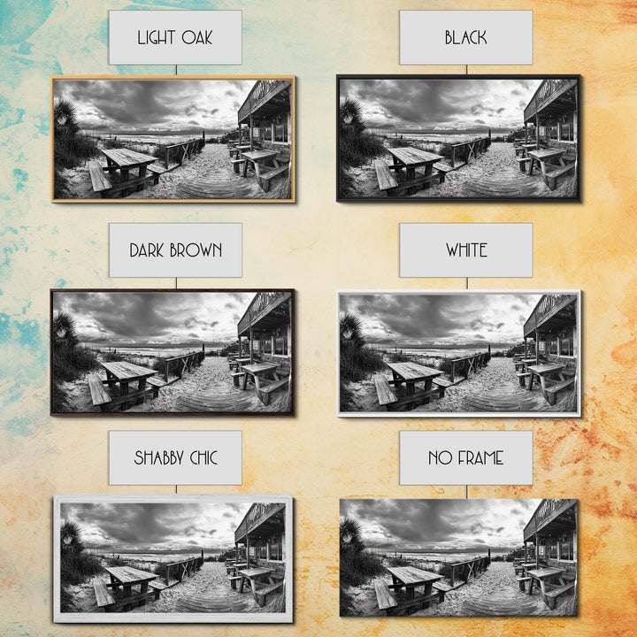 Beach Boardwalk, Coastal Restaurant, Moody Seaside View, Framed Canvas Print, Kitchen or Bar Wall Art, Rustic Autumn Decor