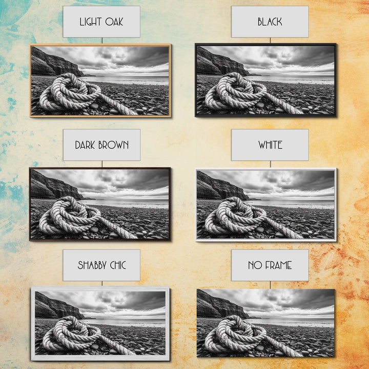 Coastal Rope, Pebble Shore, Nautical Texture, Rugged Seascape, Canvas Print, Bathroom Wall Art, Beach House Style, Moody Ocean Decor