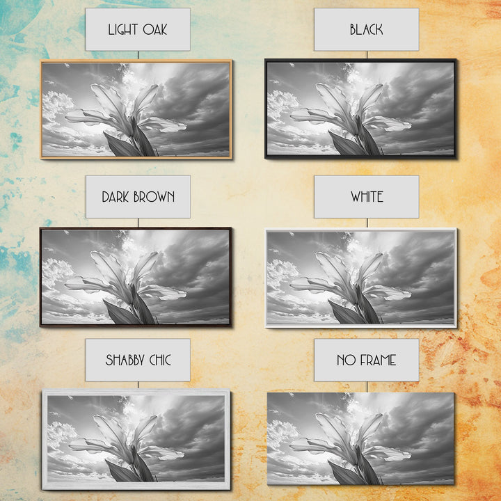 Blooming Iris, Floral Sky, Dreamy Nature, Petal Light, Framed Canvas Print, Modern Bedroom Art, Feminine Wall Art, Botanical Home Decor