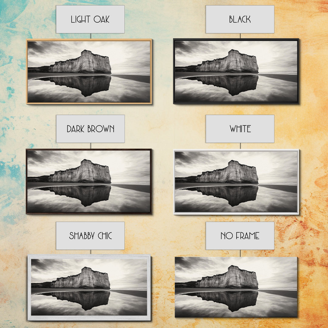 Cliff Reflection, Coastal Monolith, Seashore Beauty, Sunset Vibes, Framed Canvas Print, Living Room Art, Minimalist Beach Scene