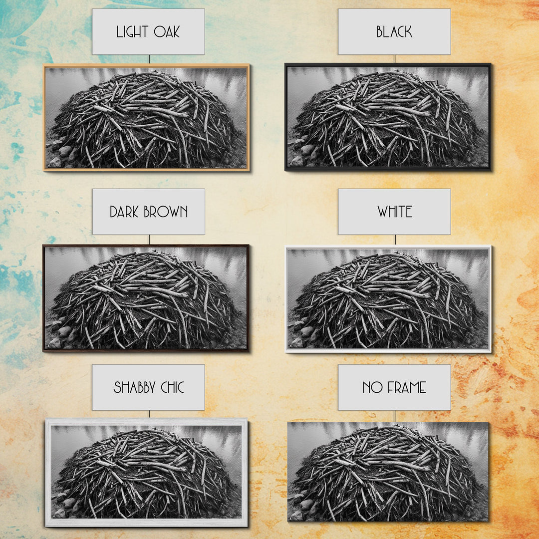 Beaver Lodge, Natural Structure, Earthy River Habitat, Framed Canvas Print, Cabin Wall Art, Nature-Inspired Rustic Fall Decor