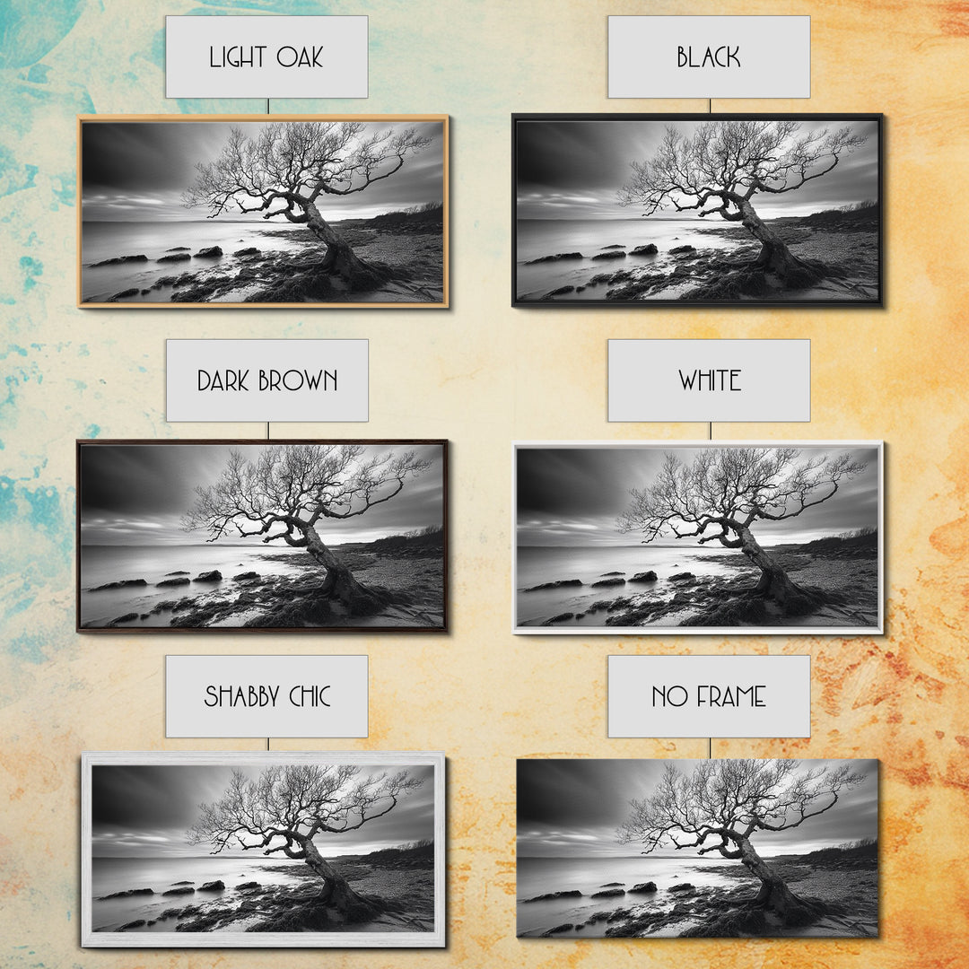 Coastal Tree, Tidal Shore, Windswept Beauty, Natural Balance, Framed Canvas Print, Bedroom Wall Art, Boho Decor, Serene Seascape