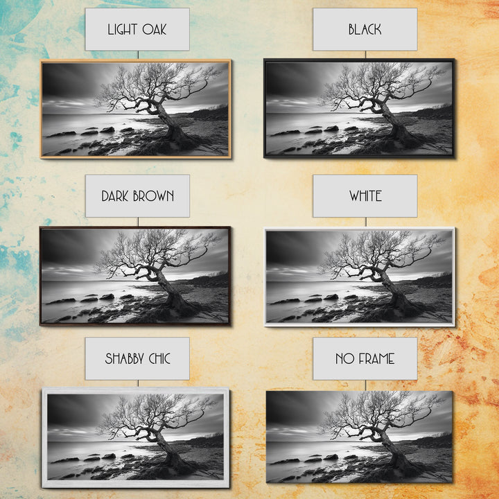 Coastal Tree, Tidal Shore, Windswept Beauty, Natural Balance, Framed Canvas Print, Bedroom Wall Art, Boho Decor, Serene Seascape