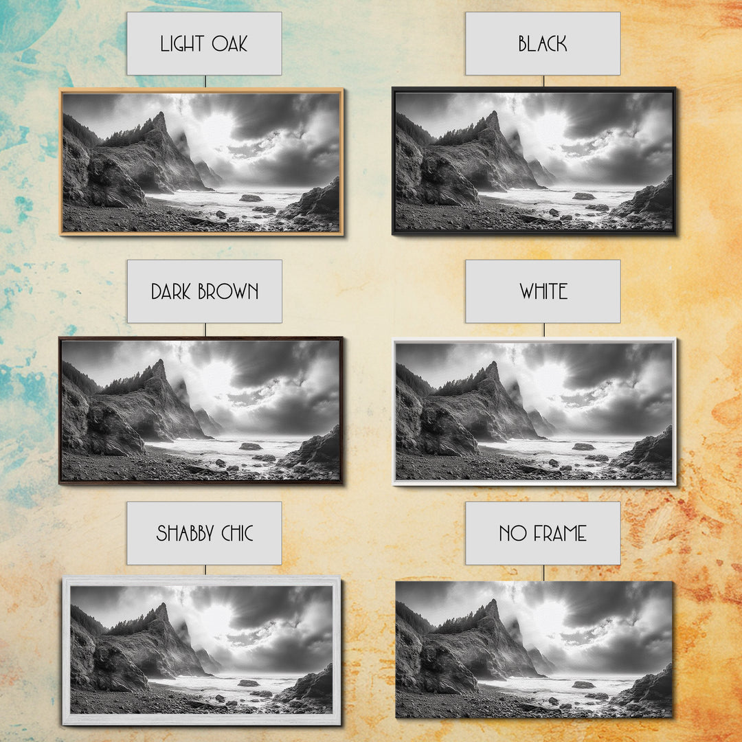 Coastal Cliffside, Stormy Sea, Dramatic Sky, Ocean Mood, Framed Canvas Print, Monochrome Art, Living Room Beach House Decor