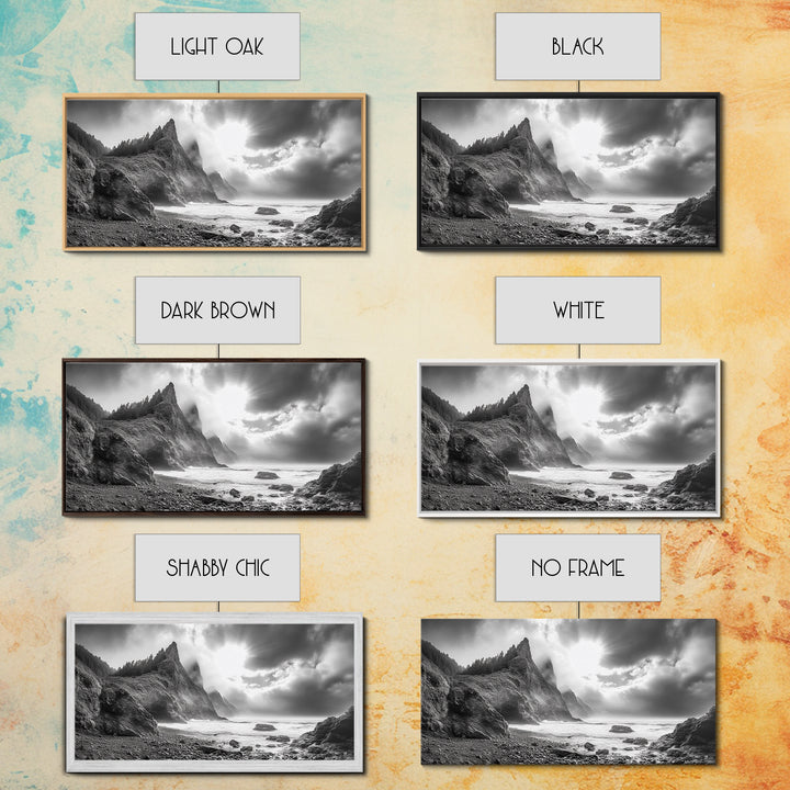 Coastal Cliffside, Stormy Sea, Dramatic Sky, Ocean Mood, Framed Canvas Print, Monochrome Art, Living Room Beach House Decor