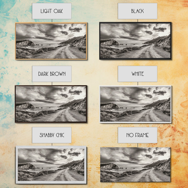 Coastal Road, Scenic Journey, Ocean Path, Cloudy Sky, Framed Canvas Print, Rustic Wall Art, Entryway Wanderlust Landscape, Coastal House