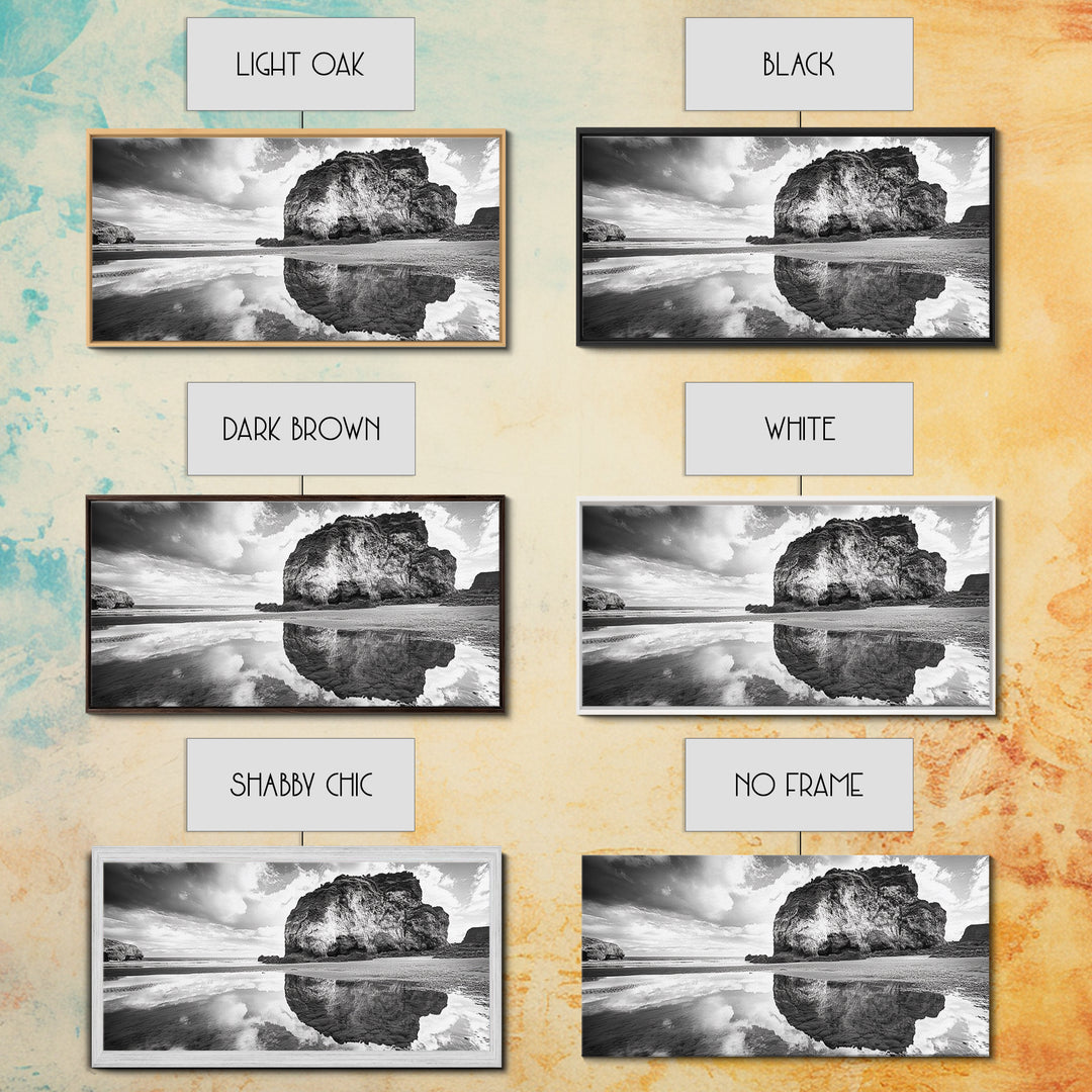 Beach Reflection, Seaside Rock, Cloudy Horizon, Coastal View, Framed Canvas Print, Minimalist Wall Art, Bathroom Ocean Decor