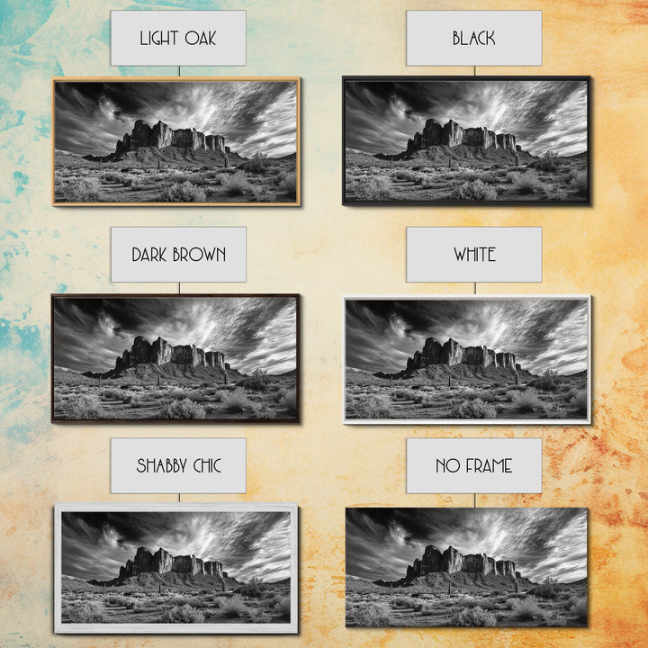 Desert Mesa, Dramatic Sky, Western Landscape, Cactus Field, Framed Canvas Print, Rustic Wall Art, Living Room Southwest Decor