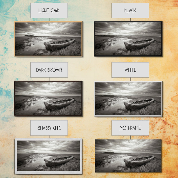 Abandoned Boat, Coastal Marsh Scene, Sepia Seascape, Framed Canvas Print, Living Room Wall Art, Moody Autumn Nautical Decor