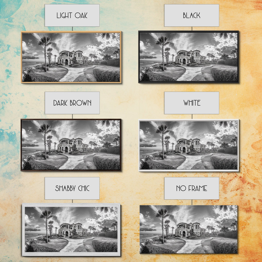 Beach Mansion Wall Art, Tropical Coastal House, Luxury Villa Print, Palm Tree Canvas Print, Living Room Decor, Modern Home Wall Art