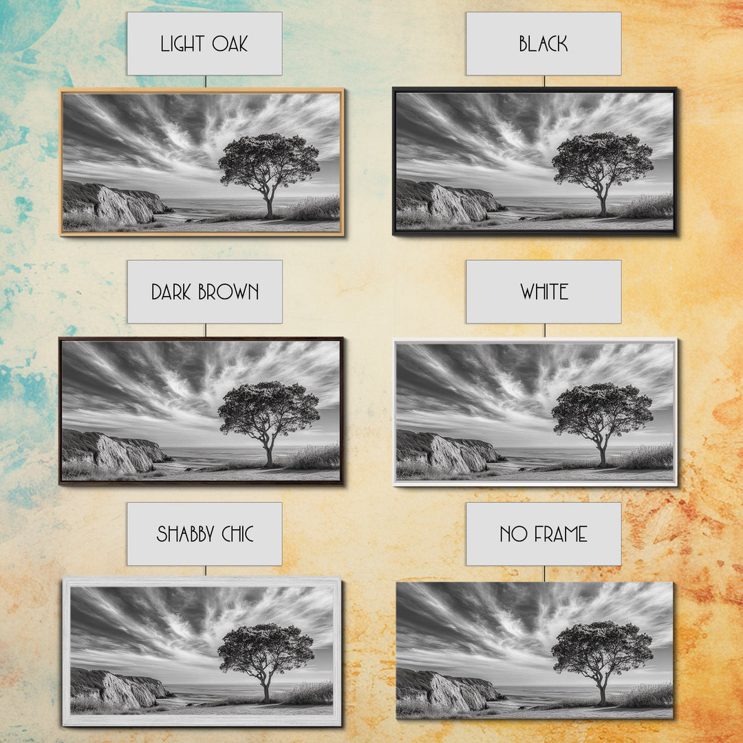 Coastal Tree Cliff, Ocean Breeze Scene, Scenic Nature Vibes, Framed Canvas Print, Boho Bedroom or Serene Living Room Wall Art