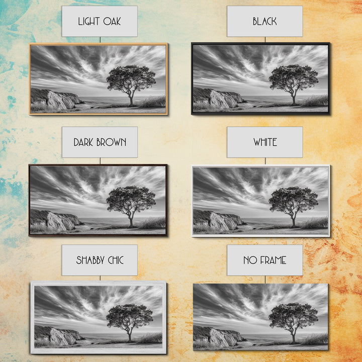 Coastal Tree Cliff, Ocean Breeze Scene, Scenic Nature Vibes, Framed Canvas Print, Boho Bedroom or Serene Living Room Wall Art