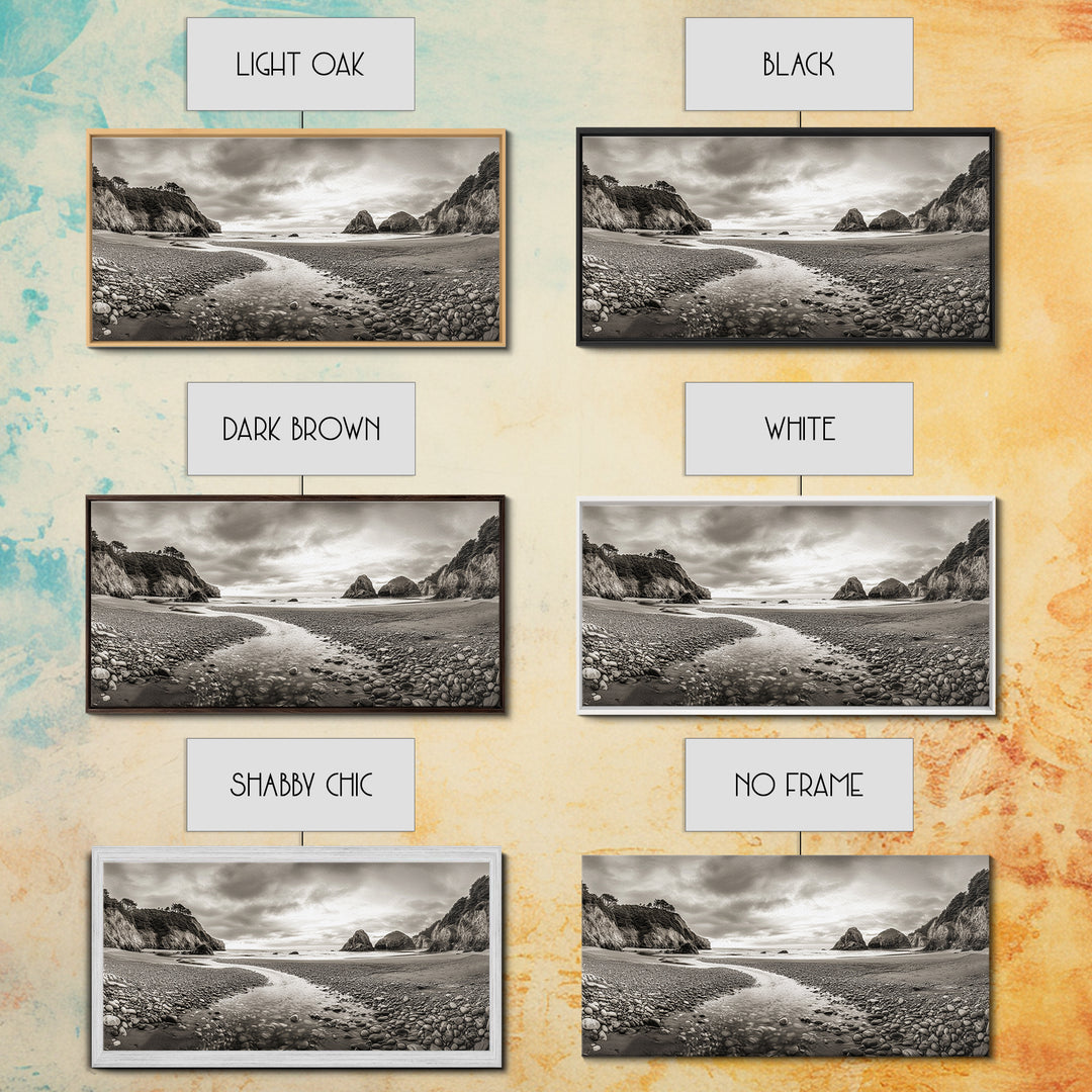 Coastal Pebble Beach, Pacific Shoreline, Serene Nature Landscape, Framed Canvas Print, Neutral Bedroom or Fall Living Room Wall Art