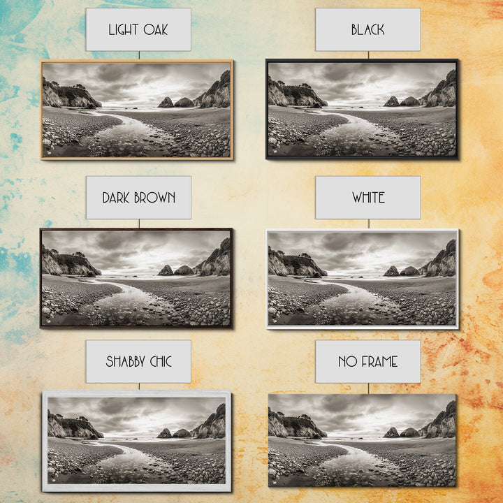 Coastal Pebble Beach, Pacific Shoreline, Serene Nature Landscape, Framed Canvas Print, Neutral Bedroom or Fall Living Room Wall Art