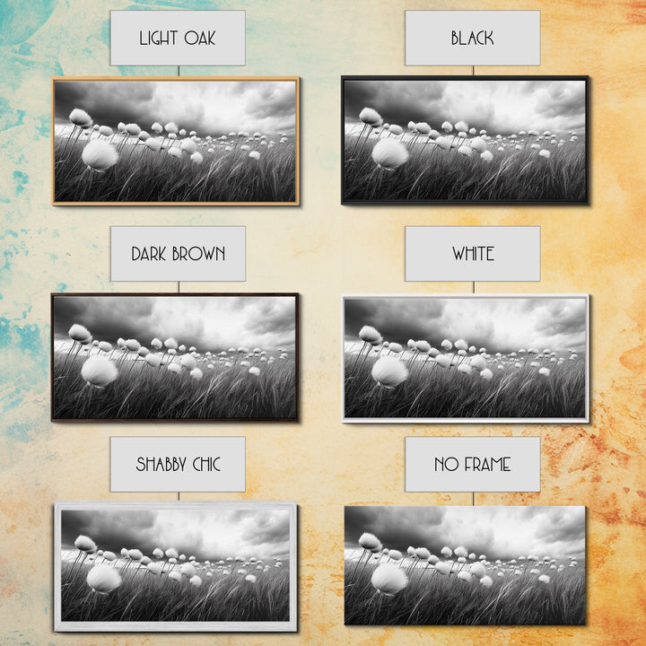 Cotton Grass Field, Stormy Sky Art, Botanical Monochrome, Minimalist Nature Print, Framed Canvas Print, Bedroom Wall Art, Nordic Style