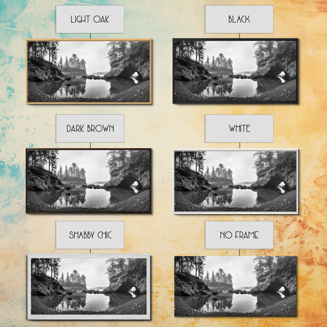 Coastal Cave Reflections, Misty Tidepool Scene, Moody Nature Landscape, Canvas Print, Living Room Wall Art, Black And White Art