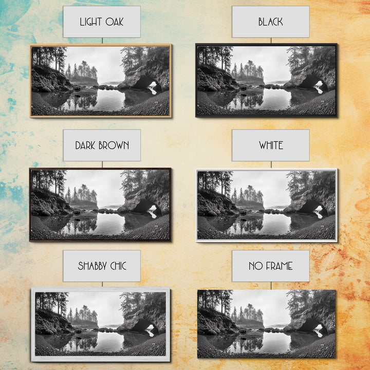 Coastal Cave Reflections, Misty Tidepool Scene, Moody Nature Landscape, Canvas Print, Living Room Wall Art, Black And White Art