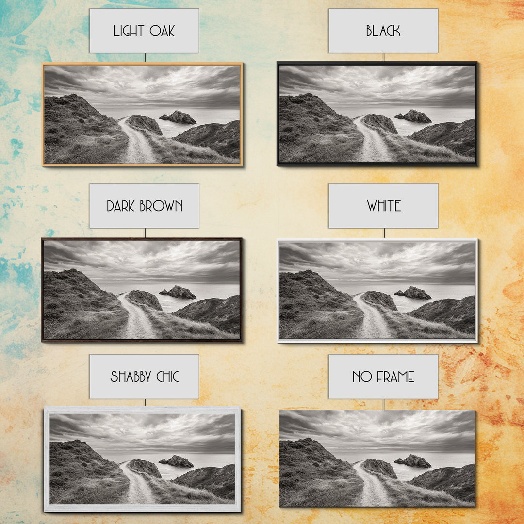 Coastal Cliff Path, Ocean View Trail, Windswept Grass Art, Seaside Wall Decor, Framed Canvas Print, Bedroom Art, Nature Lover Gift