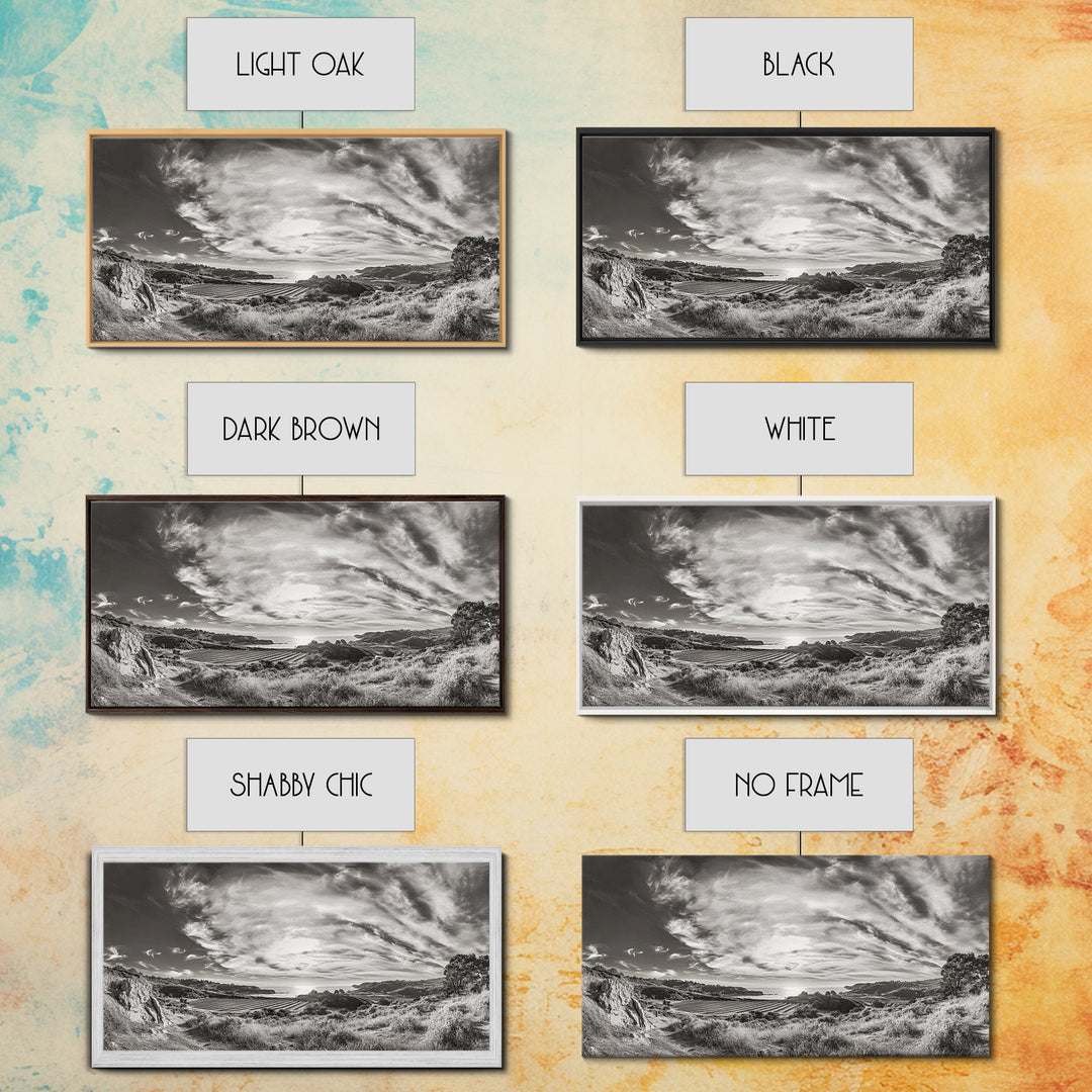 Coastal Hillside Sunset, Vineyard Ocean View, Rolling Landscape Art, Framed Canvas Print, Kitchen Wall Art, California Scenery