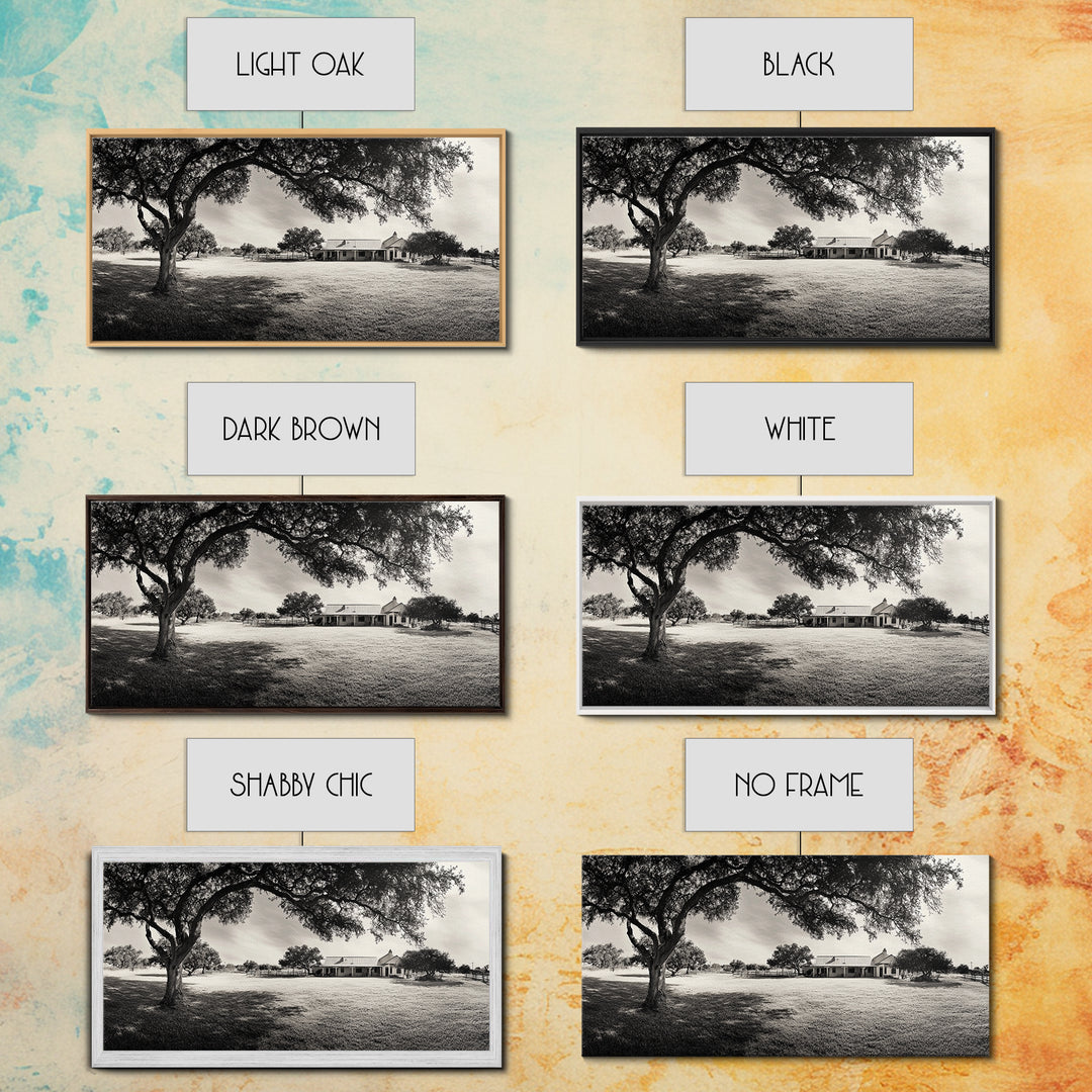 Country Farmhouse Shade, Texas Ranch Home, Oak Tree Horizon, Framed Canvas Print, Rustic Decor, Entryway or Dining Room Art