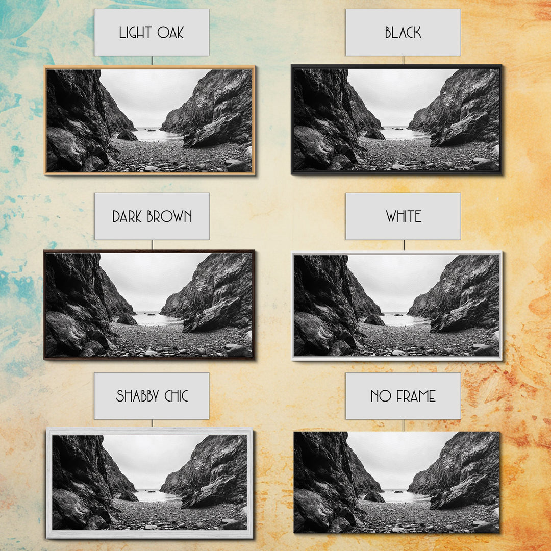 Rocky Cove, Ocean Gap, Cliffside Path, Secluded Coast, Framed Canvas Print, adventure wall art, man cave, grayscale wilderness print