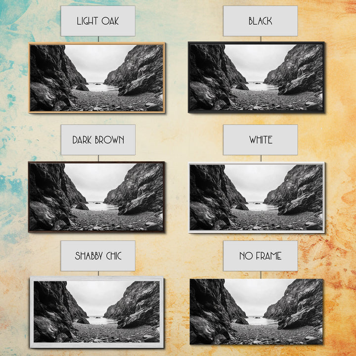 Rocky Cove, Ocean Gap, Cliffside Path, Secluded Coast, Framed Canvas Print, adventure wall art, man cave, grayscale wilderness print