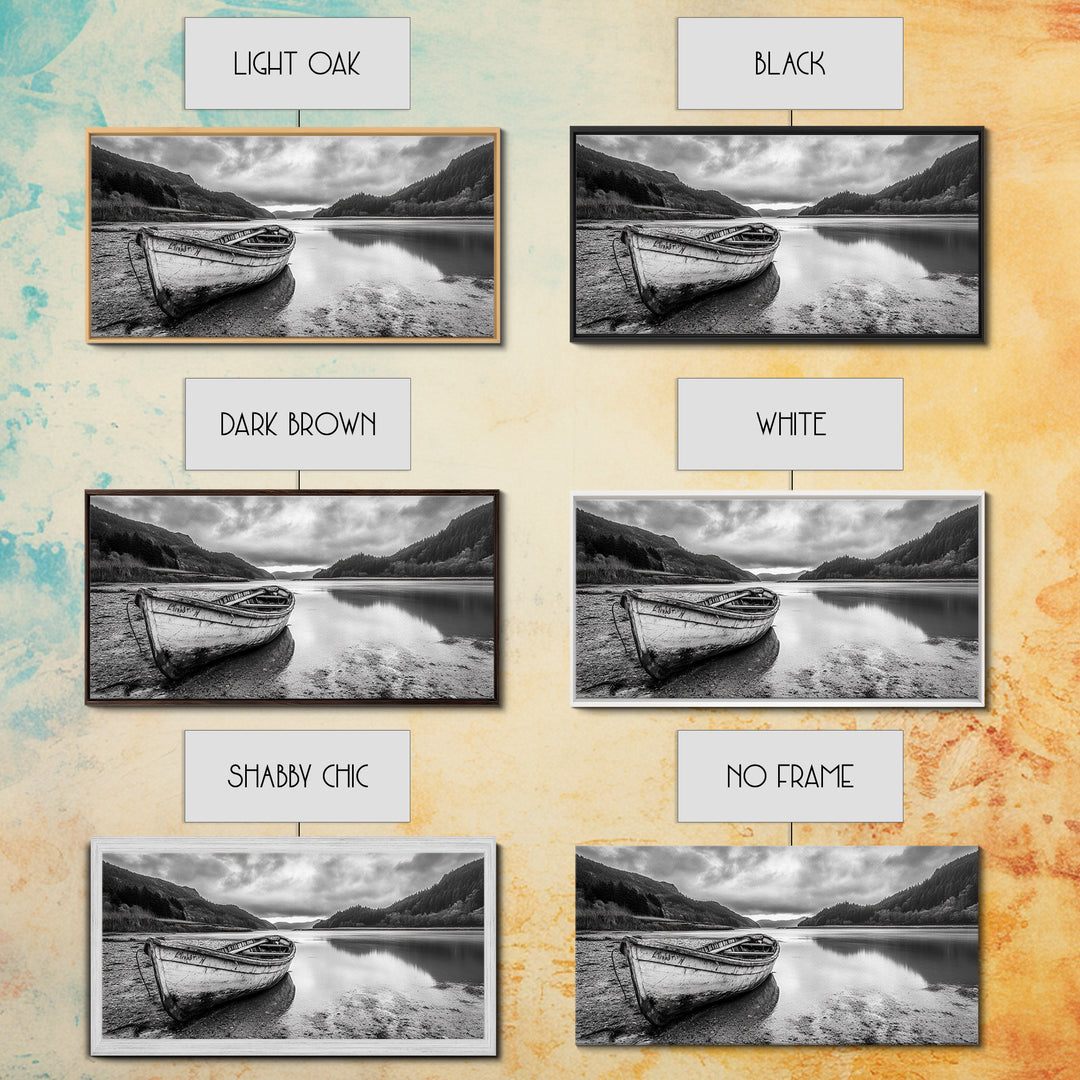 Abandoned Boat, Mountain Lake, Moody Shore, Nature Reflections, Framed Canvas Print, cabin wall art, explorer decor, grayscale nature