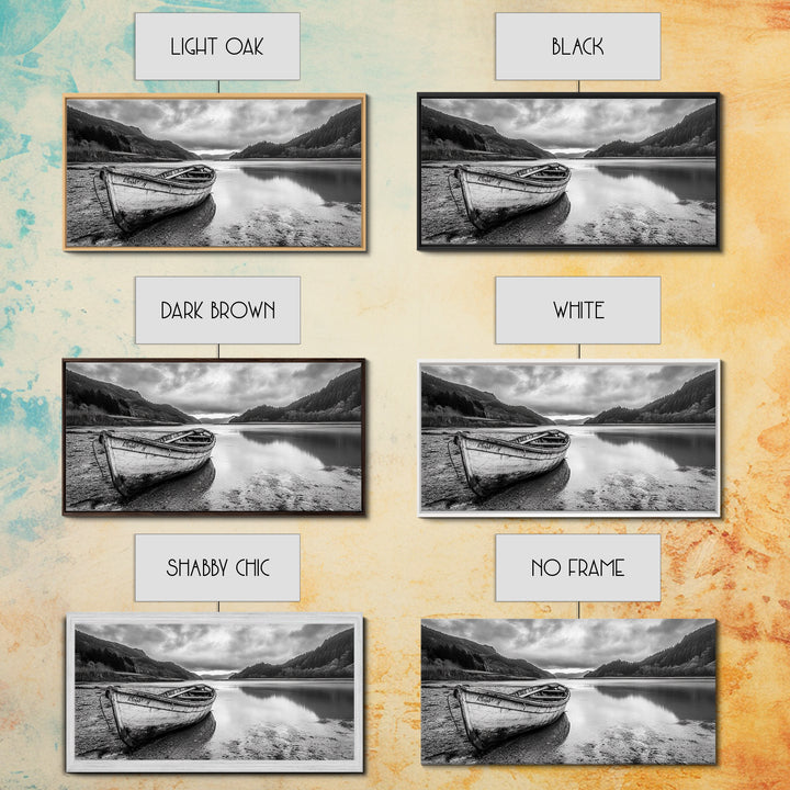 Abandoned Boat, Mountain Lake, Moody Shore, Nature Reflections, Framed Canvas Print, cabin wall art, explorer decor, grayscale nature