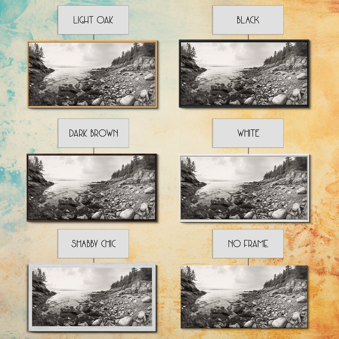 Rocky Coast, Forest Edge, Tranquil Shoreline, Earthy Landscape Scene, Canvas Print, Neutral Home Decor, Rustic Cabin Wall Art