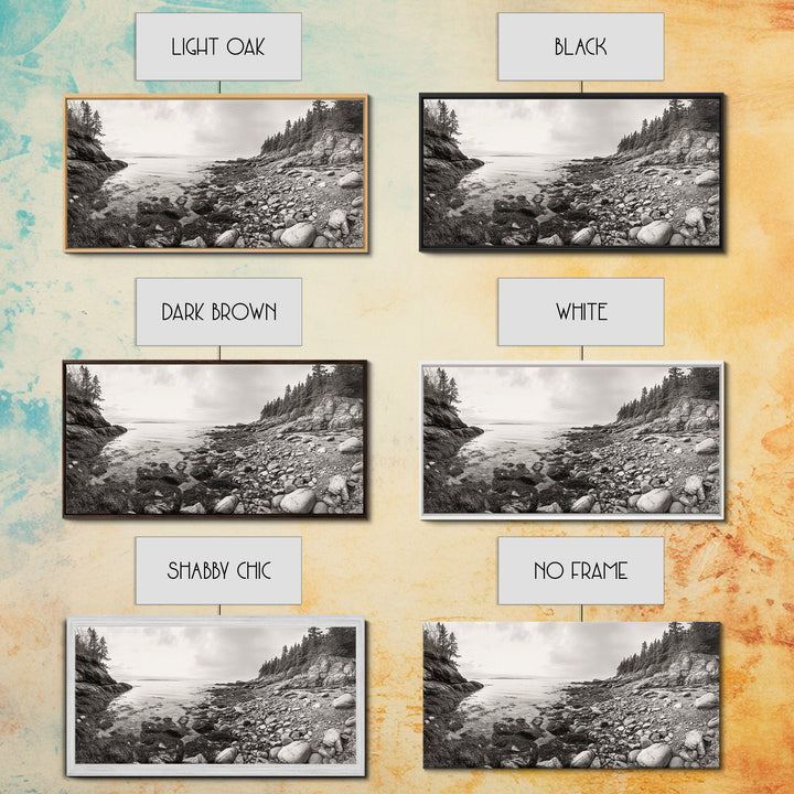 Rocky Coast, Forest Edge, Tranquil Shoreline, Earthy Landscape Scene, Canvas Print, Neutral Home Decor, Rustic Cabin Wall Art