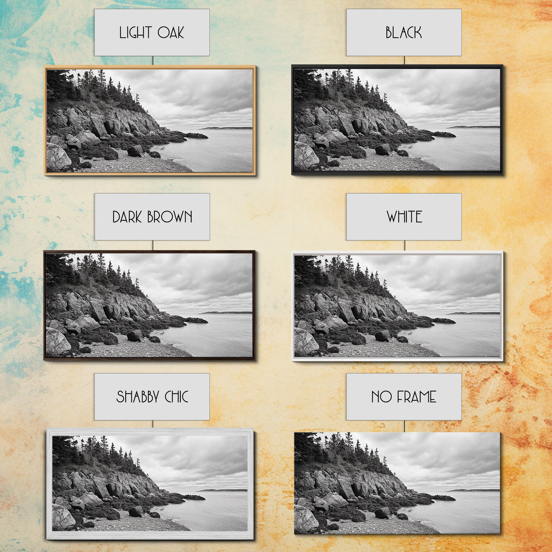 Rocky Shore, Coastal Forest, Black White Landscape, Nature Wall Decor, Framed Canvas Print, Cabin Living Room Art, Fall Inspired Scene