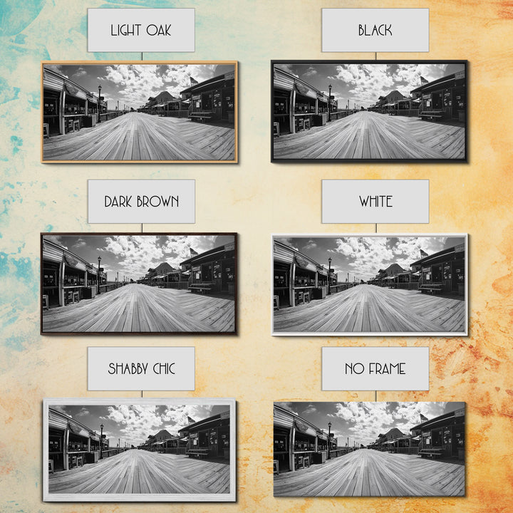 Boardwalk View, Beach Shops, Summer Scene, Coastal Town, Framed Canvas Print, Nautical Wall Art, Dining Room Coastal Decor