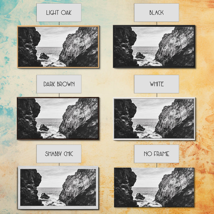 Rocky Coast View, Ocean Cliffs Art, Coastal Wilderness, Monochrome Seascape, Canvas Print, Bathroom Wall Art, Rustic Minimalist Style