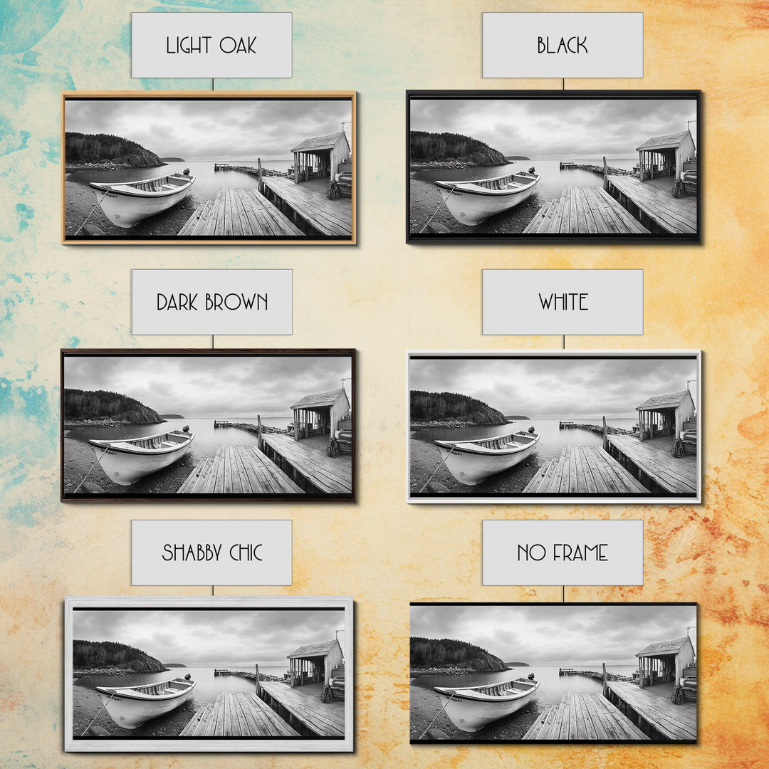 Rowboat Dock, Harbor Scene, Calm Waters, Quiet Morning, Framed Canvas Print, Lakeside Cabin Wall Art, Rustic Nautical Decor, Cabin Decor