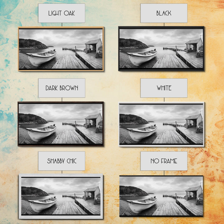 Rowboat Dock, Harbor Scene, Calm Waters, Quiet Morning, Framed Canvas Print, Lakeside Cabin Wall Art, Rustic Nautical Decor, Cabin Decor