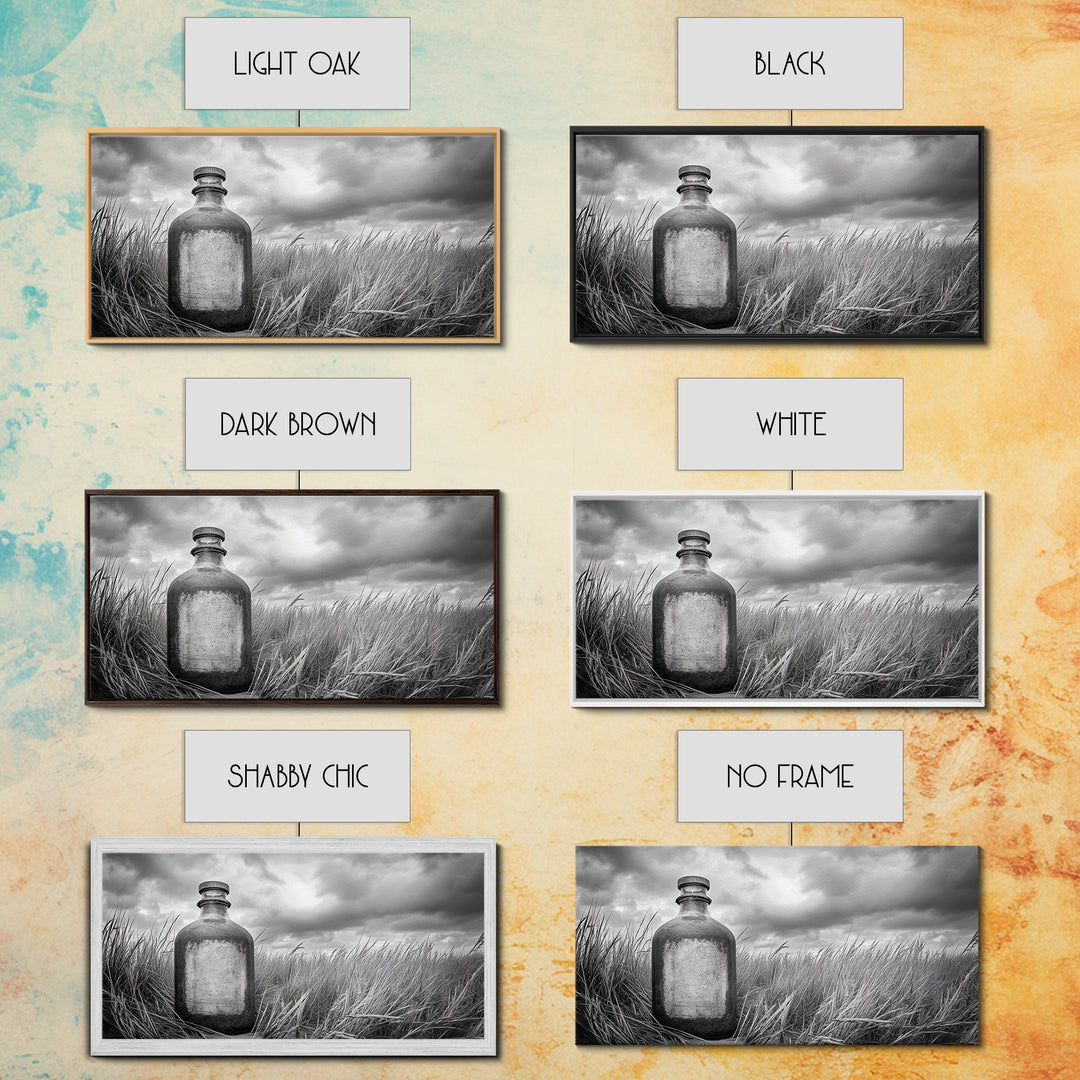 Antique Bottle Field, Rustic Outdoor Scene, Black and White Photography, Framed Canvas Print, Farmhouse Wall Art, Entryway Decor