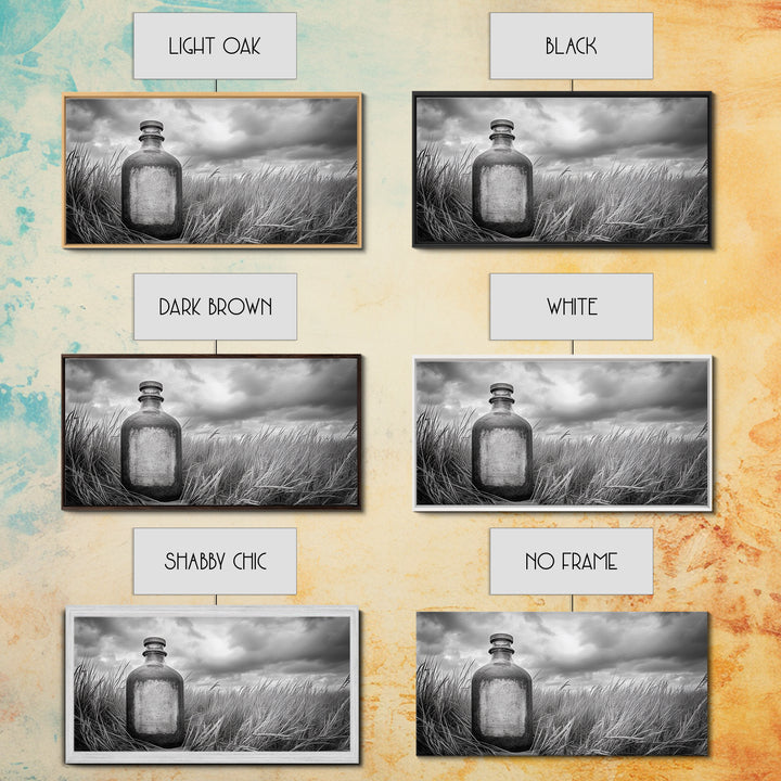 Antique Bottle Field, Rustic Outdoor Scene, Black and White Photography, Framed Canvas Print, Farmhouse Wall Art, Entryway Decor