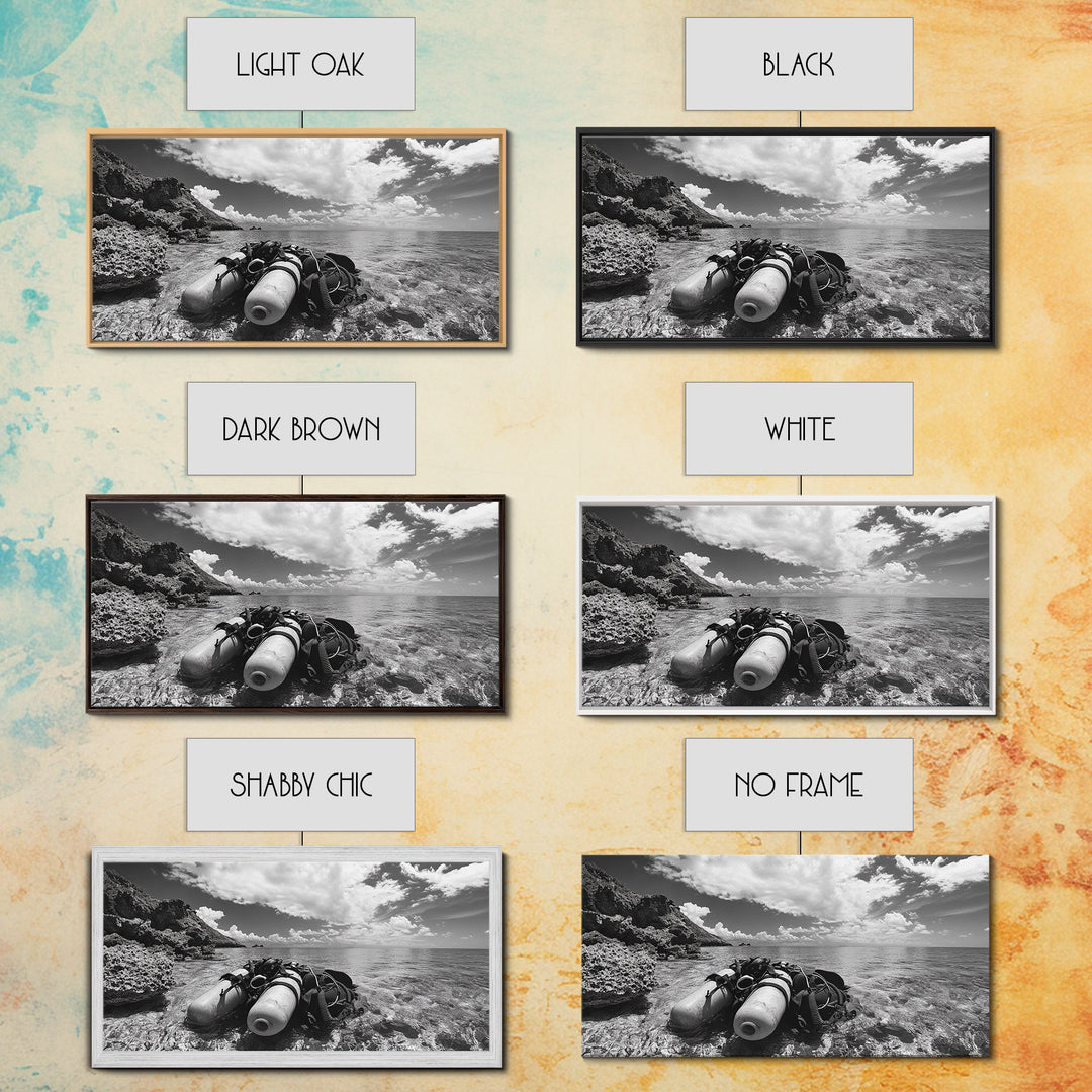 Dive Gear Shoreline, Ocean Exploration Scene, Black and White Adventure Art, Canvas Print, Nautical Decor, Man Cave Wall Art, Nautical Wall Art