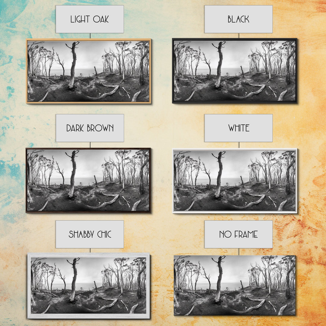 Burnt Forest, Moody Trees, Coastal Landscape, Nature Scene, Framed Canvas Print, Rustic Wall Art, Boho Decor, Fall Home Aesthetic