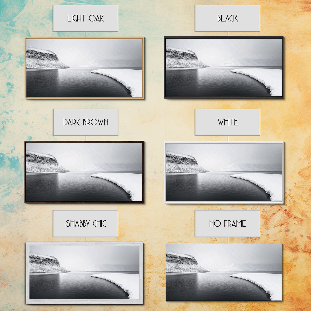 Arctic Coastline Silence, Minimal Snow Scene, Monochrome Nature Landscape, Framed Canvas Print, Scandinavian Wall Art, Office Calm Decor