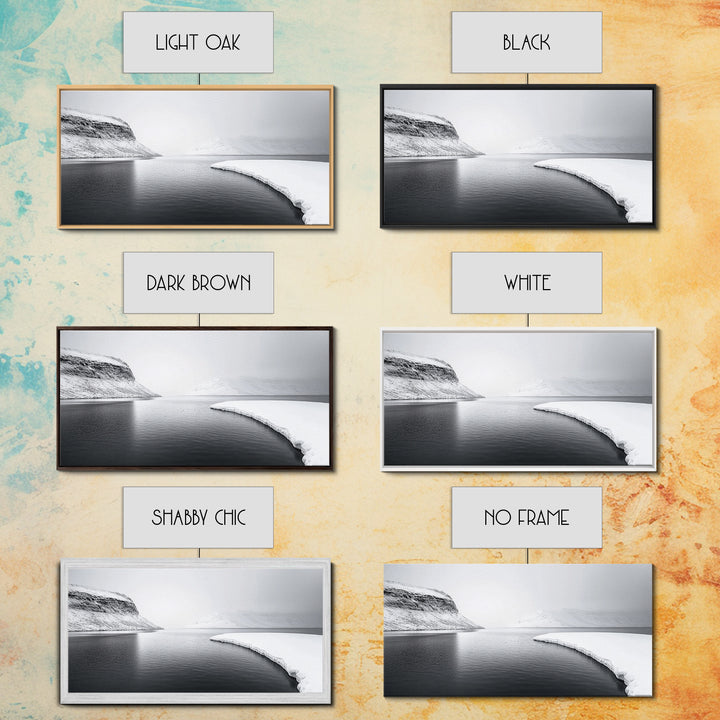 Arctic Coastline Silence, Minimal Snow Scene, Monochrome Nature Landscape, Framed Canvas Print, Scandinavian Wall Art, Office Calm Decor